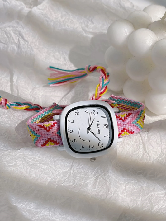 Colorful Woven Strap Square Dial Women’s Casual Watch