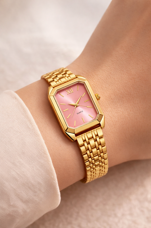 Luxury Gold Square Dial Pink Sunray Women’s Watch
