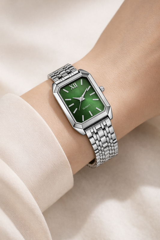 Luxury Silver Square Dial Green Sunray Women’s Watch