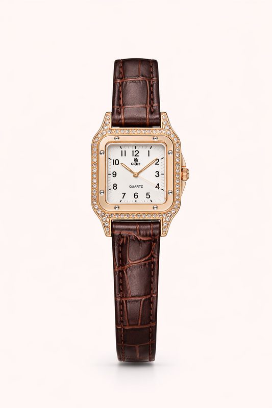 Luxury Rose Gold Square Crystal Women’s Watch – Brown Leather Strap Watch