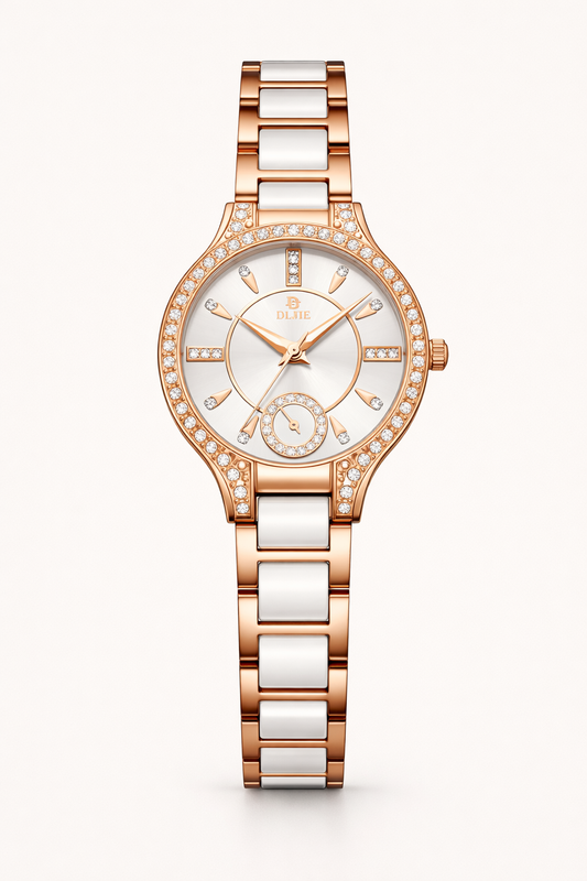 Luxury Rose Gold & White Crystal Women’s Watch – Elegant Designer Bracelet Watch