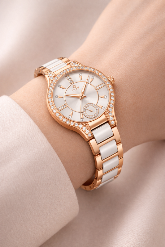 Luxury Rose Gold & White Crystal Women’s Watch – Elegant Designer Bracelet Watch