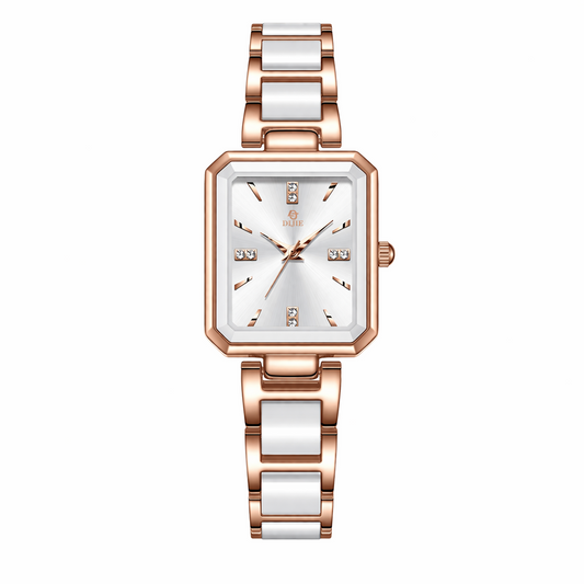 Luxury Rose Gold & White Square Dial Women’s Watch – Elegant Designer Watch