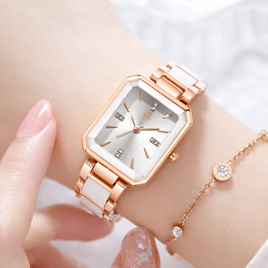 Luxury Rose Gold & White Square Dial Women’s Watch – Elegant Designer Watch