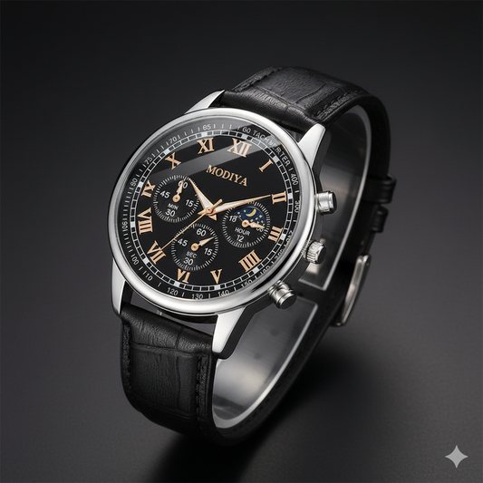 Luxury Chronograph Men’s Watch – Roman Numeral Black Dial with Leather Strap