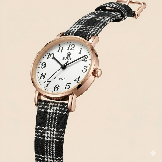 Classic White Dial Women’s Watch – Rose Gold Case with Black Check Strap