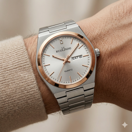 Silver Sunray Dial with Rose Gold Accents & Day-Date Display Watch