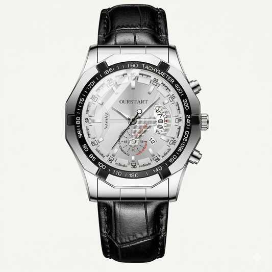 Men’s Silver Chronograph Watch – White Dial with Leather Strap