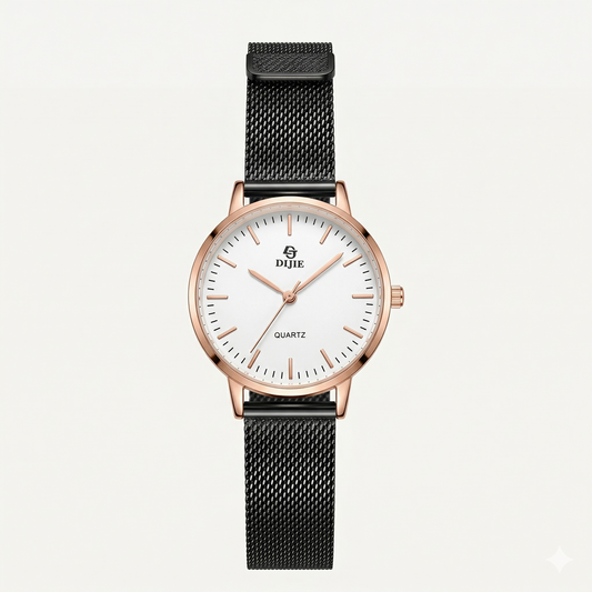 Rose Gold & Black Mesh Strap Watch – Elegant Everyday Watch for Women