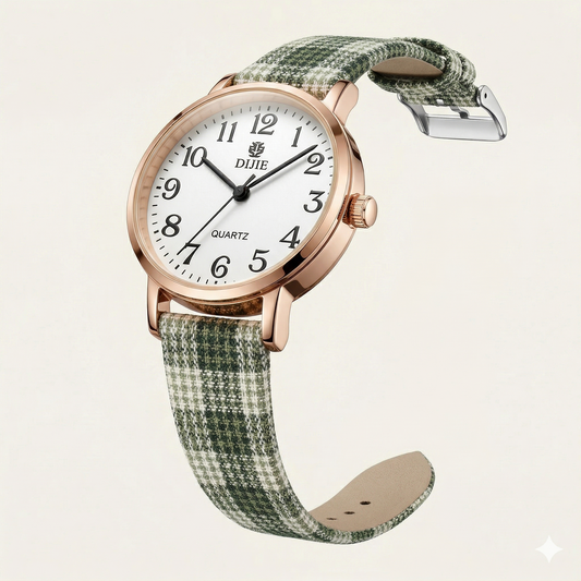 Classic White Dial Women’s Watch – Rose Gold Case with Green Check Strap