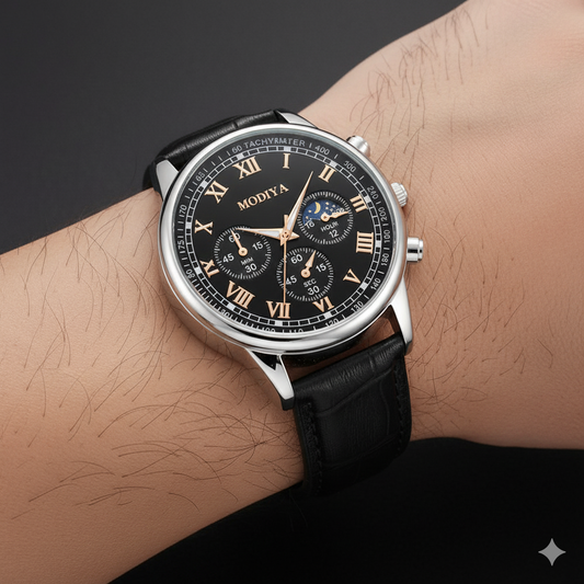 Luxury Chronograph Men’s Watch – Roman Numeral Black Dial with Leather Strap