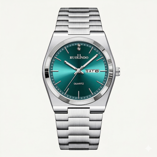 Emerald Green Sunray Dial with Polished Silver Bezel & Day-Date Display Watch