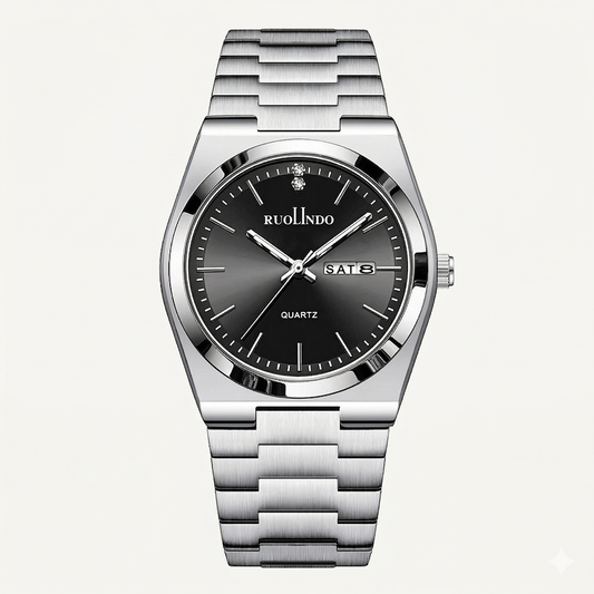Black Sunray Dial with Polished Silver Bezel & Day-Date Display Watch