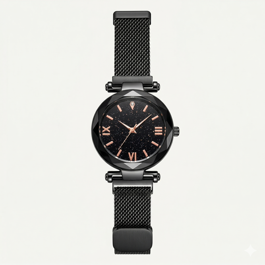 uxury Black Dial Women’s Watch – Rose Gold Markers with Black Mesh Strap