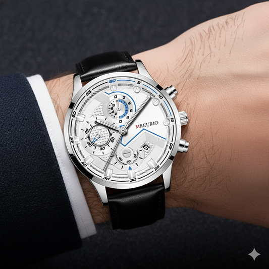 Luxury Multifunction Chronograph Men’s Watch with Black Leather Strap
