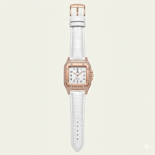 Luxury Rose Gold Square Crystal Women’s Watch – White Leather Strap Watch