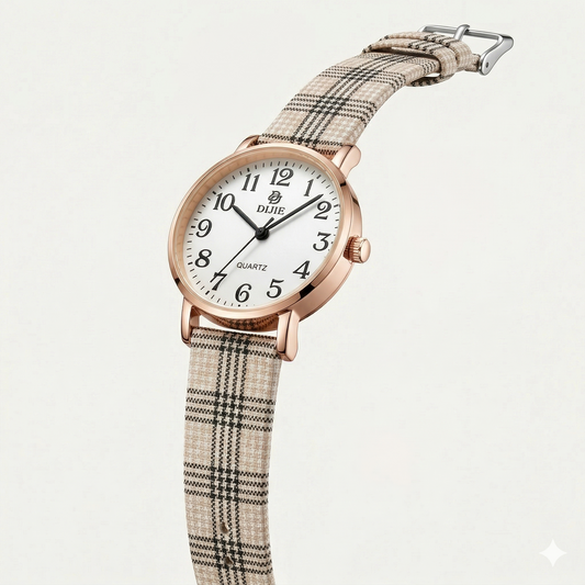 Classic White Dial Women’s Watch – Rose Gold Case with Beige Check Strap