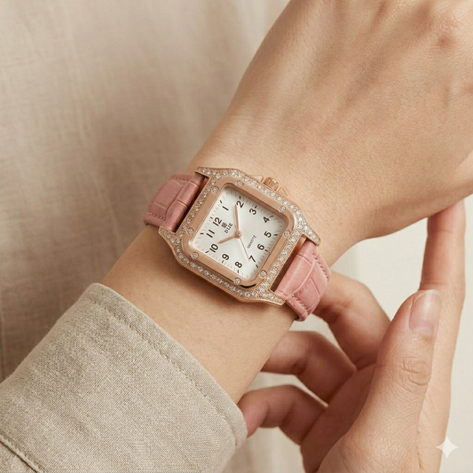 Luxury Rose Gold Square Crystal Women’s Watch – Pink Leather Strap Watch