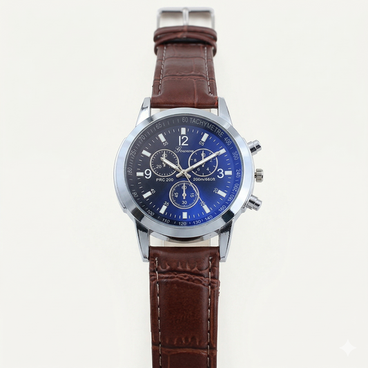 Men’s Silver Chronograph Watch – Black Dial with Brown Leather Strap