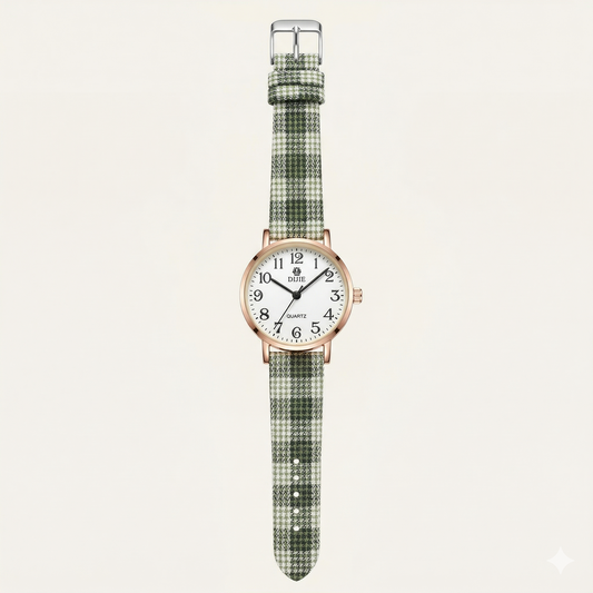Classic White Dial Women’s Watch – Rose Gold Case with Green Check Strap