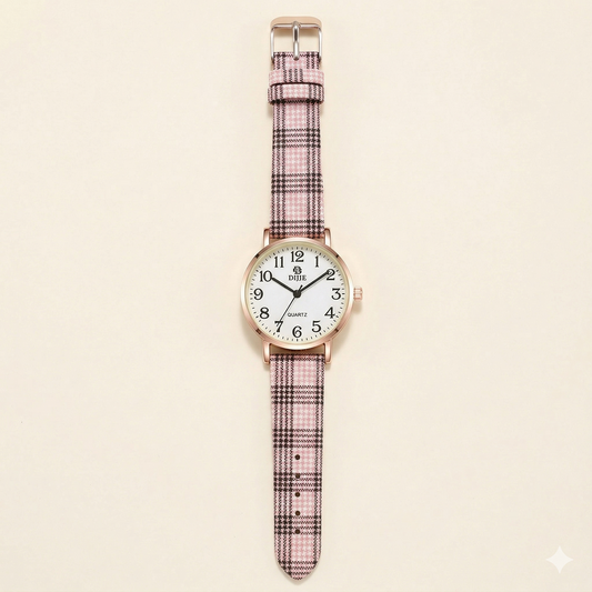 Classic White Dial Women’s Watch – Rose Gold Case with Pink Check Strap