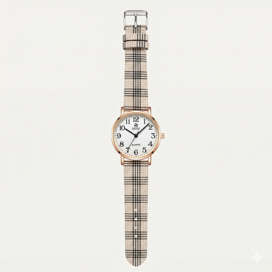 Classic White Dial Women’s Watch – Rose Gold Case with Beige Check Strap