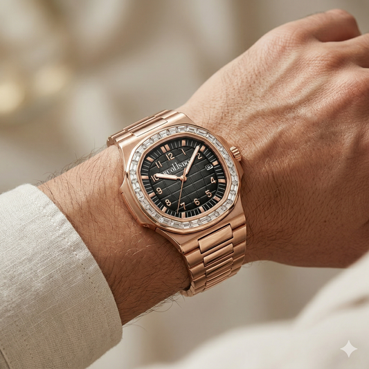 Luxury Rose Gold Watch – Black Dial with Diamond-Style Bezel