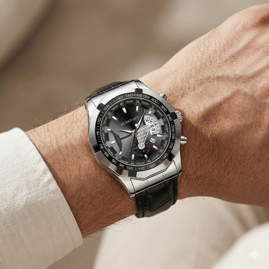 Men’s Silver Chronograph Watch – Black Dial with Leather Strap