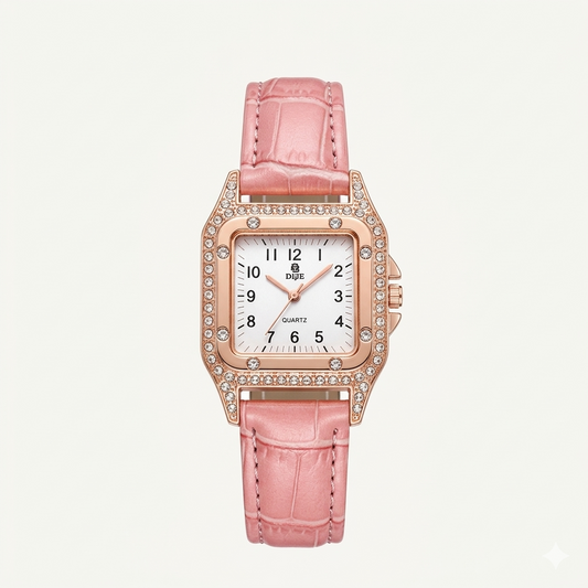 Luxury Rose Gold Square Crystal Women’s Watch – Pink Leather Strap Watch