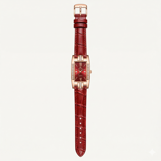Luxury Rose Gold Rectangular Red Dial Women’s Watch