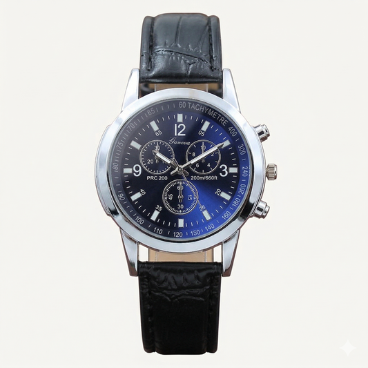 Men’s Silver Chronograph Watch – Black Dial with Leather Strap