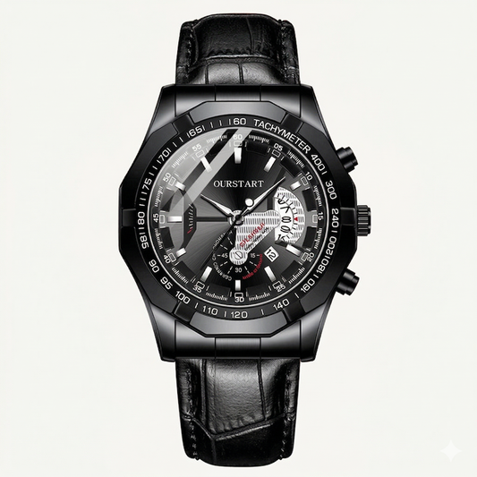 Men’s Black Chronograph Watch – Tachymeter Dial with Leather Strap
