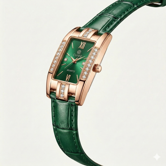 Luxury Rose Gold Rectangular Green Dial Women’s Watch