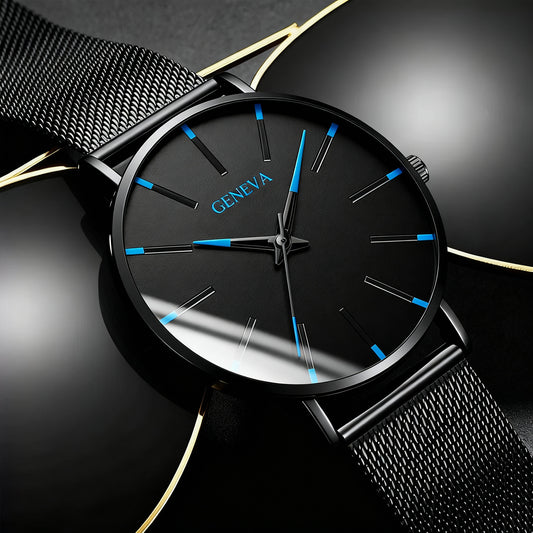 Minimalist Black Mesh Strap Watch – Modern Blue Accent Dial for Men