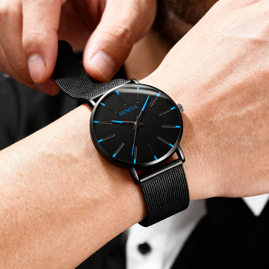 Minimalist Black Mesh Strap Watch – Modern Blue Accent Dial for Men