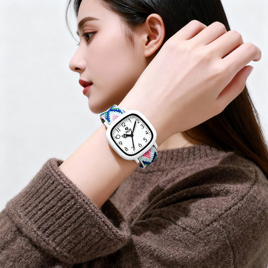 Square Dial Casual Women’s Watch with Colorful Woven Strap