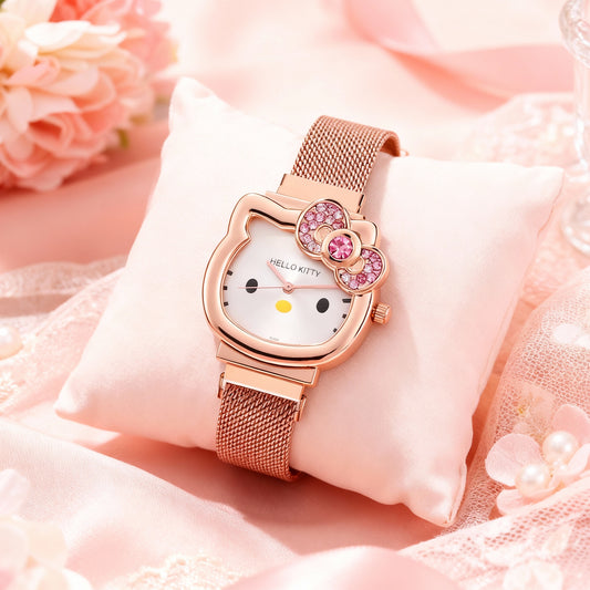 Cute Hello Kitty Rose Gold Mesh Strap Women’s Watch