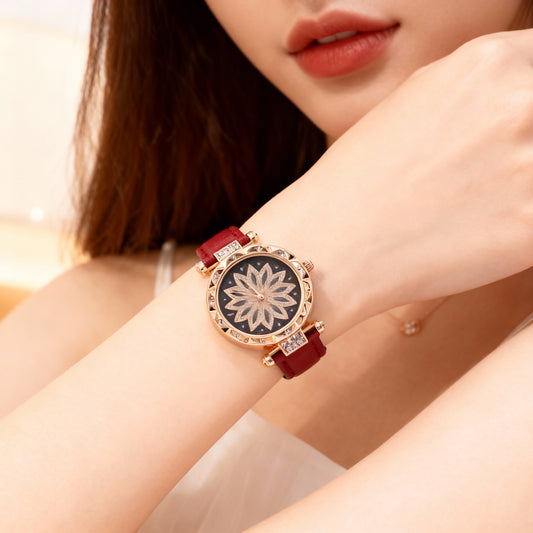 Luxury Floral Crystal Dial Women’s Watch with Red Leather Strap
