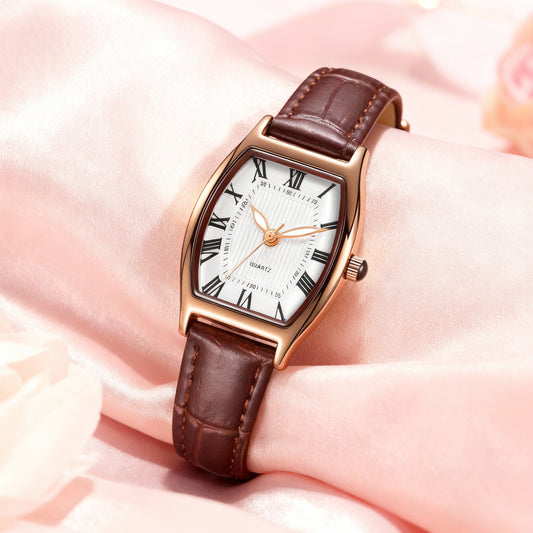 Vintage Rose Gold Roman Dial Women’s Watch with Brown Leather Strap