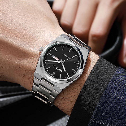 Black Sunray Dial with Polished Silver Bezel & Day-Date Display Watch