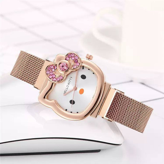 Cute Hello Kitty Rose Gold Mesh Strap Women’s Watch