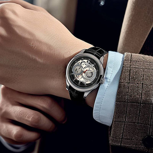 Luxury Skeleton Dial Men’s Watch – Mechanical Style with Black Leather Strap