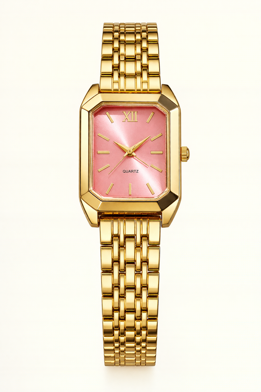Luxury Gold Square Dial Pink Sunray Women’s Watch
