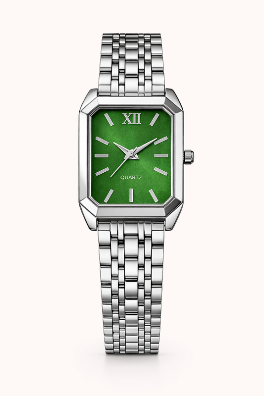 Luxury Silver Square Dial Green Sunray Women’s Watch