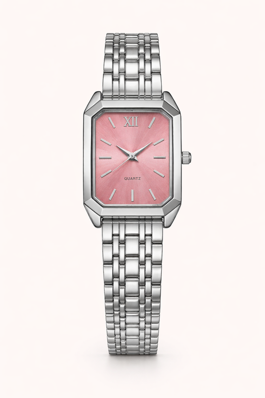 Luxury Silver Square Dial Pink Sunray Women’s Watch