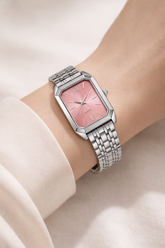 Luxury Silver Square Dial Pink Sunray Women’s Watch