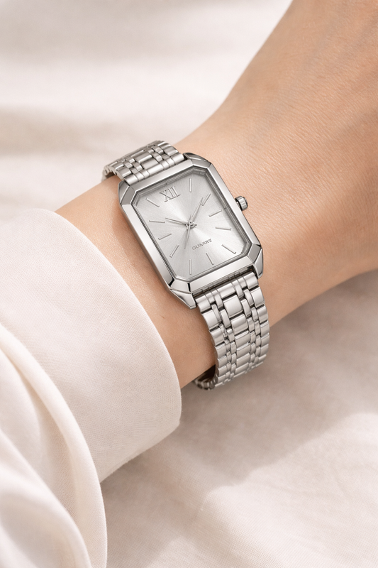 Luxury Silver Square Dial White Sunray Women’s Watch