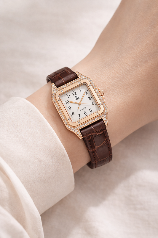 Luxury Rose Gold Square Crystal Women’s Watch – Brown Leather Strap Watch