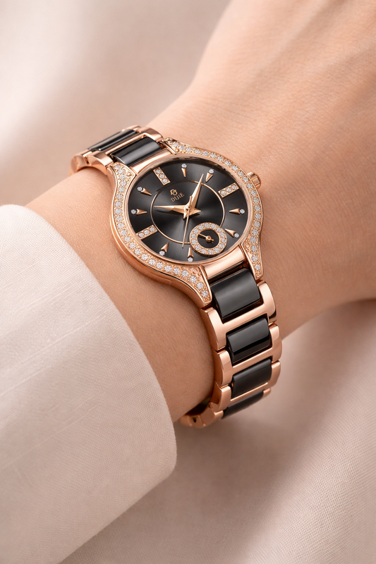 Luxury Rose Gold & Black Crystal Women’s Watch – Designer Bracelet Watch