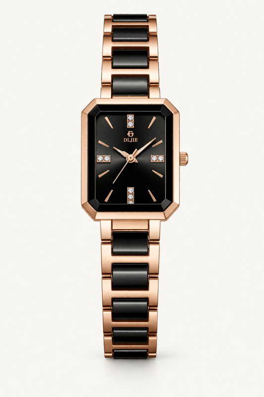 Luxury Rose Gold & Black Square Dial Women’s Watch – Designer Watch